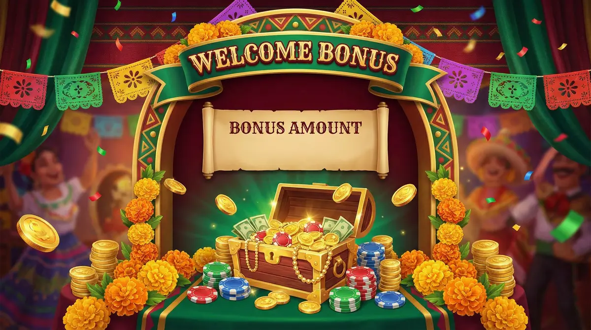 Bono de bienvenida Big Bola Casino con cofre de tesoros y monedas